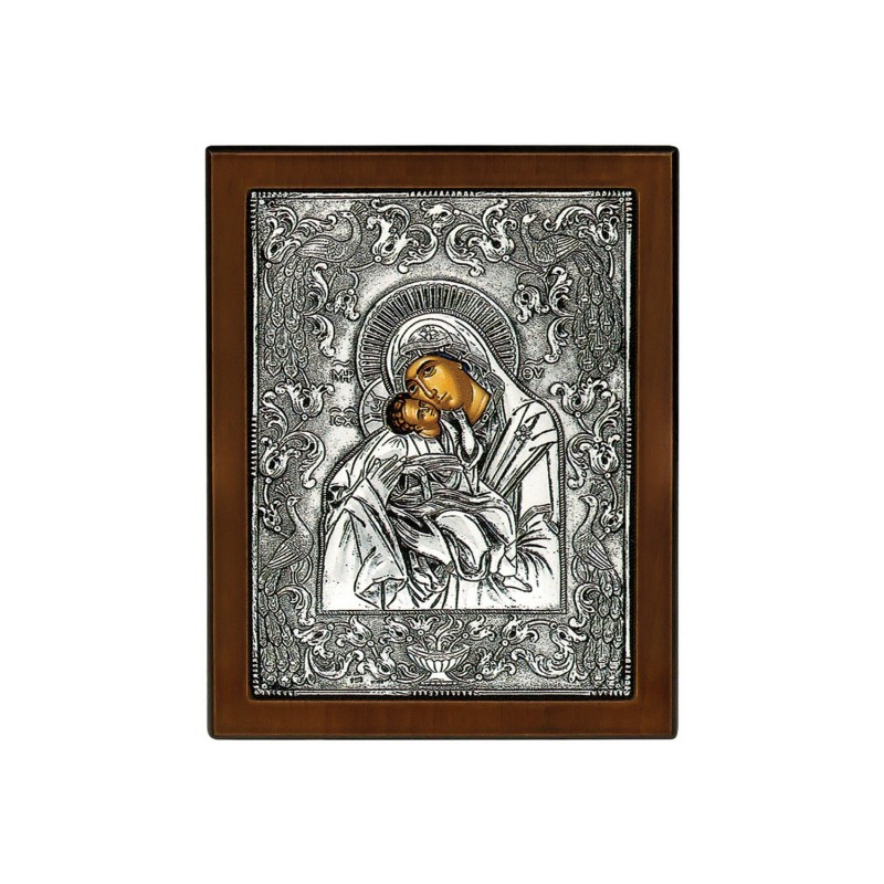 Orthodox Silver Byzantine Icon of Panagia Glykofilousa (Peacock theme b)